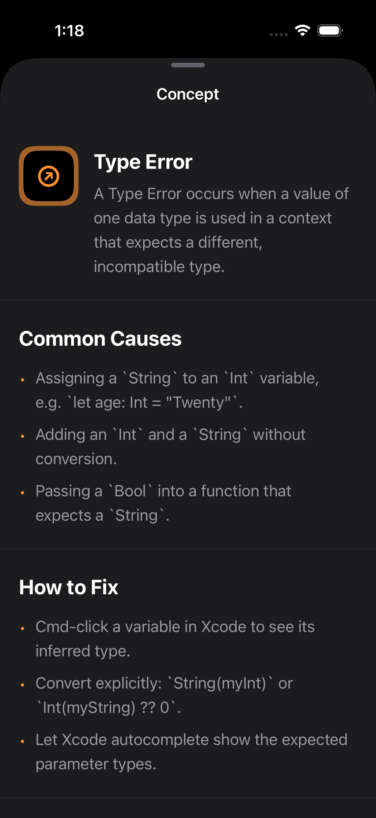 Concept view in Errorology app