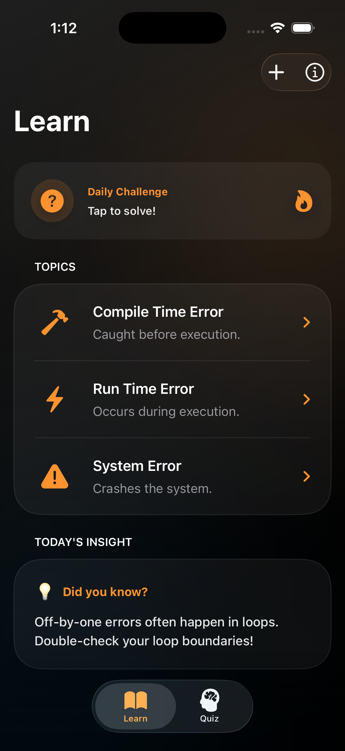 Learn screen
